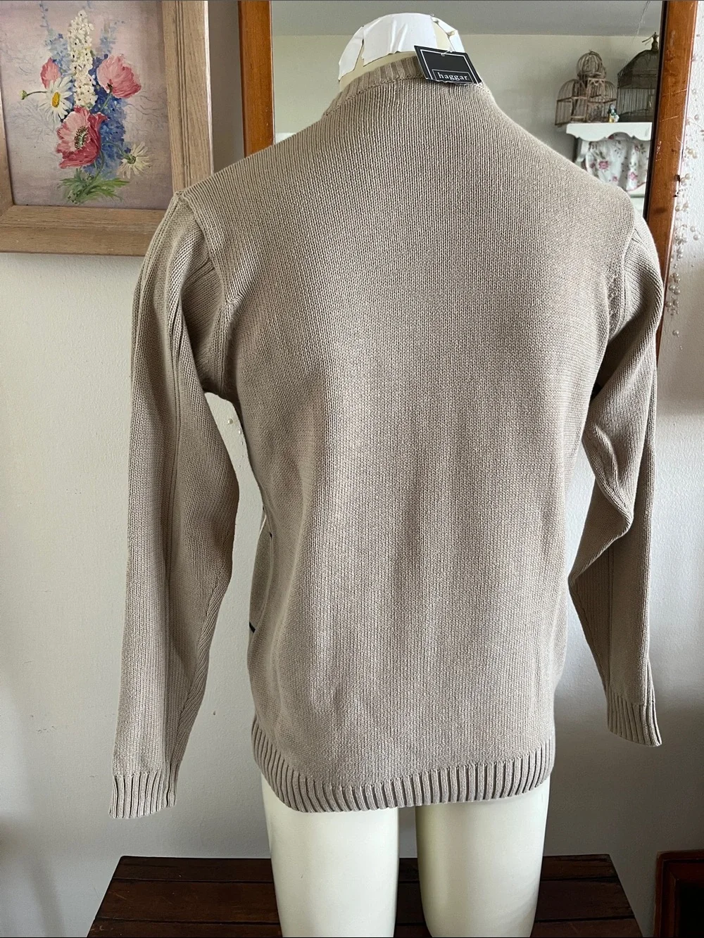 Vintage Haggar Beige Crewneck Cable-Knit Windowpane Sweater 100% Cotton Size M